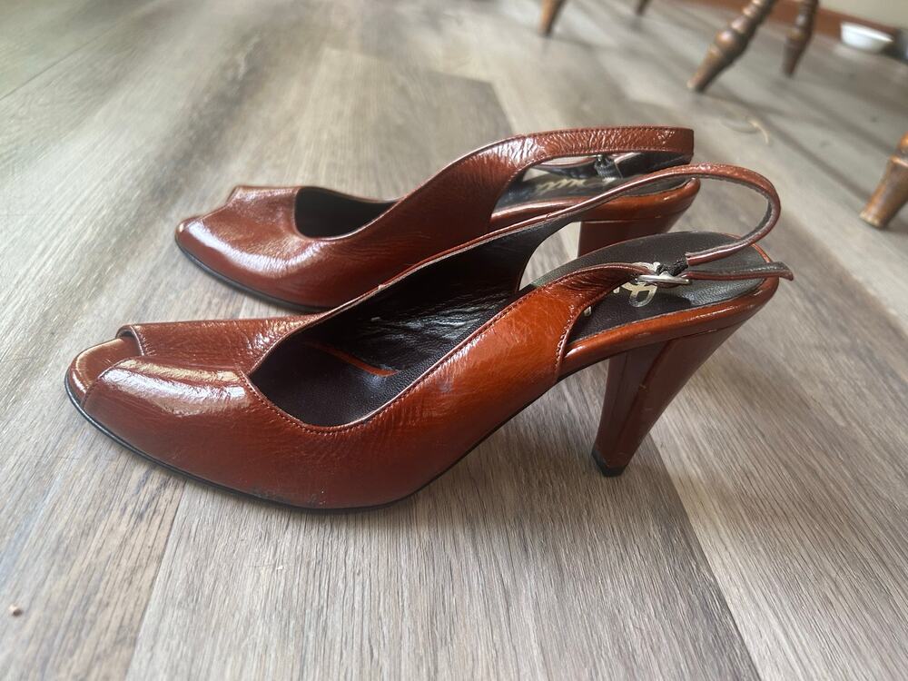 BUTTER Italy luxury Leather Slingback Heels PeepOpenToe BrownCaramel PatentPumps
